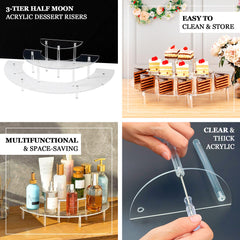 Set of 3 Acrylic Half-Moon Display Riser Stands – 3-Tier Clear Dessert Pedestal for Cakes, Collectibles & Figurines - 7",13",18"