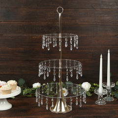 3-Tier Gold Cupcake Stand – 2ft Acrylic and Metal Dessert Display Tower with Hanging Crystals