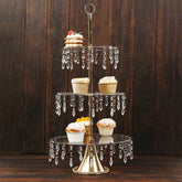 3-Tier Gold Cupcake Stand – 2ft Acrylic and Metal Dessert Display Tower with Hanging Crystals