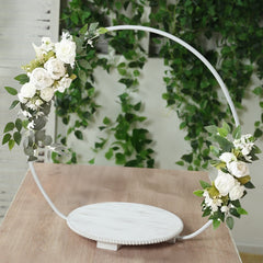 22" Metal Round Floral Hoop Cake Stand Whitewash - Dessert Display DIY Centerpiece Table Decoration with Beaded Wooden Base