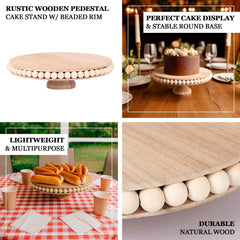 Wooden Pedestal Cake Stand Round Rustic Design with Beaded Edge Natural - Farmhouse Cupcake Holder Serving Tray 12"