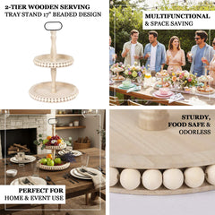 2-Tier Wooden Serving Tray Stand Beaded Design with Metal Handle Natural - Round Rustic Farmhouse Cupcake Display 17"