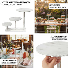 3-Tier Wooden Cake Stand Whitewash with Round Beaded Rim Trays - Rustic Cupcake Tower Dessert Display 24"x16"