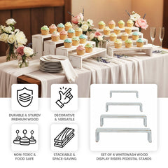 Set of 4 Wooden Display Risers Whitewash Rectangular Bench Style - Stackable Rustic Farmhouse Nesting Stands 14", 16", 17", 19"