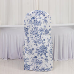 10 Pack Polyester Chair Covers for Banquet Chairs – White Blue French Toile Pattern, Reusable Stain-Resistant Slip-On Slipcovers