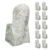 10 Pack Polyester Chair Covers for Banquet Chairs – White Dusty Sage Green French Toile Pattern, Reusable Stain-Resistant Slip-On Slipcovers