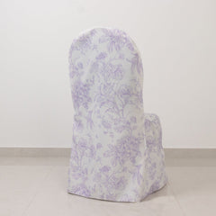 10 Pack Polyester Chair Covers for Banquet Chairs – White Lavender Lilac French Toile Pattern, Reusable Stain-Resistant Slip-On Slipcovers