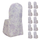 10 Pack Polyester Chair Covers for Banquet Chairs – White Lavender Lilac French Toile Pattern, Reusable Stain-Resistant Slip-On Slipcovers