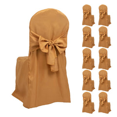 10-Pack Polyester Slip-On Banquet Chair Covers with Attached Sashes – Gold Reusable Stain-Resistant Covers for Wedding & Event Decor