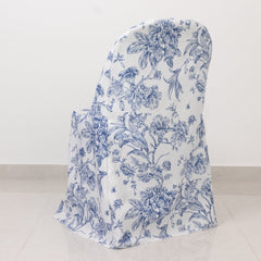 10 Pack Polyester Chair Covers for Folding Chairs – White Blue French Toile Pattern, Reusable Stain-Resistant Slip-On Slipcovers
