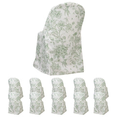 10 Pack Polyester Chair Covers for Folding Chairs – White Dusty Sage Green French Toile Pattern, Reusable Stain-Resistant Slip-On Slipcovers