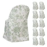 10 Pack Polyester Chair Covers for Folding Chairs – White Dusty Sage Green French Toile Pattern, Reusable Stain-Resistant Slip-On Slipcovers