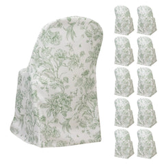 10 Pack Polyester Chair Covers for Folding Chairs – White Dusty Sage Green French Toile Pattern, Reusable Stain-Resistant Slip-On Slipcovers