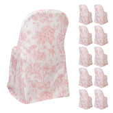 10 Pack Polyester Chair Covers for Folding Chairs – White Pink French Toile Pattern, Reusable Stain-Resistant Slip-On Slipcovers