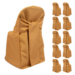 10-Pack Polyester Slip-On Folding Chair Covers with Attached Sashes – Gold Durable Reusable Covers for Wedding & Event Decor