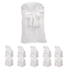 10-Pack Polyester Slip-On Folding Chair Covers with Attached Sashes – White Durable Reusable Covers for Wedding & Event Decor