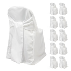 10-Pack Polyester Slip-On Folding Chair Covers with Attached Sashes – White Durable Reusable Covers for Wedding & Event Decor
