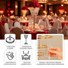 38" Crystal Pendant 4-Tier Table Centerpiece Chandelier – Gold Metal Vase Stand with Round Frame & Base, Hanging Crystals