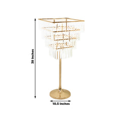 38" Crystal Pendant 4-Tier Table Centerpiece Chandelier – Gold Metal Vase Stand with Square Frame, Round Base & Hanging Crystals