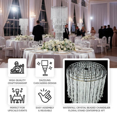 4ft Table Centerpiece in Crystal Beaded Waterfall Chandelier Style – Cascading Metal Floral Stand for Weddings & Luxury Event Décor