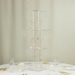 5-Tier Clear Acrylic Chandelier Flower Stand with Hanging Crystals – 39" Tall Table Centerpiece Display Tower