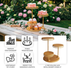 3-Tier Dessert Stand Hollow Lace Round Design Gold - Cupcake Tower and Tiered Cake Display Metal 21"