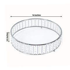14" Round Silver Cake Stand with Hanging Crystal Beads and Glass Top – Metal Dessert Display Tray