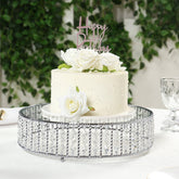 14" Round Silver Cake Stand with Hanging Crystal Beads and Glass Top – Metal Dessert Display Tray