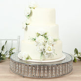 18" Round Silver Cake Stand with Hanging Crystal Beads and Glass Top – Metal Dessert Display Tray