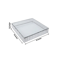 18" Square Silver Cake Stand with Hanging Crystal Beads and Glass Top – Metal Dessert Display Tray