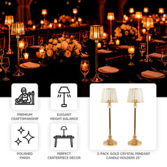 2-Pack 25" Crystal Pendant Candle Holders, Classic Empire Lamp Shade Style in Gold, Votive Candle Stand for Table Centerpieces