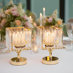 2 Pack 9" Crystal Pendant Hurricane Candle Holders in Gold, Elegant Square Design for Pillar Candles, Decorative Table Centerpieces