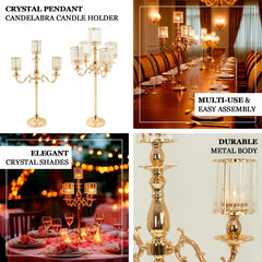 Gold Metal 5-Arm Candelabra with Crystal Pendant Glass Shades – 40" Tall Candle Holder for Pillar, LED, and Flameless Candles