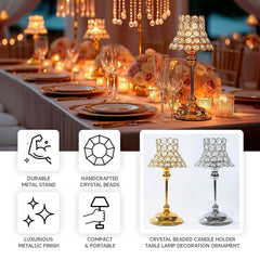 2 Pack Crystal Beaded Candle Holders – 12" Tall Silver Metal Centerpieces with Lamp-Inspired Shade for Tables & Events