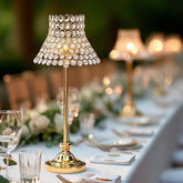 24" Tall Crystal Beaded Candle Stand – Gold Metal Centerpiece with Lamp-Inspired Shade for Tables & Events