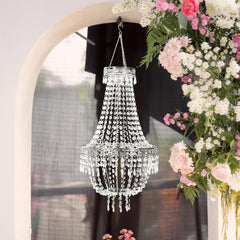 3ft Empire Style Beaded Crystal Chandelier with Silver Ornate Metal Frame, Adjustable Hanging Farmhouse Pendant Ceiling Lighting