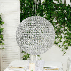 16" Crystal Globe Chandelier – Hanging Beaded Ball Pendant Light with Silver Metal Hook & Chain for Decorative Home Lighting