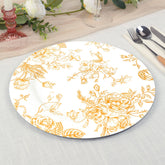 6-Pack Acrylic Round Charger Plates 13" in White with Gold Floral French Toile Pattern, Decorative Dinner Party Charger Tableware