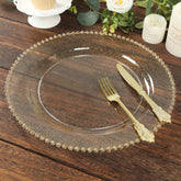 10-Pack Economy Round Plastic Charger Plates 13" in Clear/Gold Glitter with Beaded Rim, Stylish Dinner Party Serving Plates