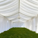White Stretch Spandex Tent Ceiling Drape – 25ft x 36ft 100GSM Wrinkle-Free Fabric Ceiling Liner with Pole Pockets, Standard
