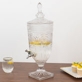 Vintage Cut Crystal Glass Drink Dispenser with Lid & Spigot – Tall Beverage Server, Vertical Panel & Floral Design, 3L