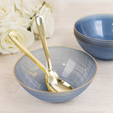 20-Pack 16oz Plastic Bowls – Transparent Dusty Blue with Gold Rim, Elegant Crystal-Like Swirl Disposable Bowls