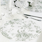 10-Pack Disposable Table Placemats in French Toile Print 13" in Matte White/Sage Green - Chic Floral Cardboard Placemats for Stylish Table Setting