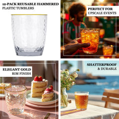 12-Pack Plastic Tumblers Reusable Hammered Cups 14oz – Clear with Gold Rim – Shatterproof Cocktail Drinkware