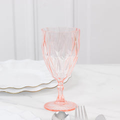 12 Pack Vintage Diamond Cut Plastic Goblets – Blush 11oz Reusable Wine & Beverage Glasses