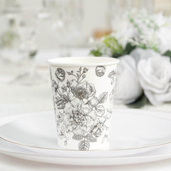 50-Pack Paper Cups in White with Black French Toile Print - Stylish Disposable Floral Party Cups for Weddings & All Purpose Use 9oz