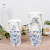50-Pack Paper Cups in White with Blue French Toile Print - Stylish Disposable Floral Party Cups for Weddings & All Purpose Use 9oz