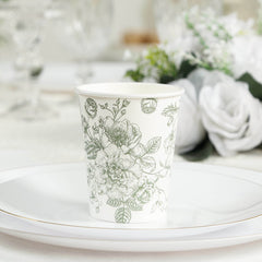 50-Pack Paper Cups in White with Sage Green French Toile Print - Stylish Disposable Floral Party Cups for Weddings & All Purpose Use 9oz