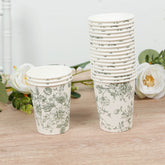 50-Pack Paper Cups in White with Sage Green French Toile Print - Stylish Disposable Floral Party Cups for Weddings & All Purpose Use 9oz