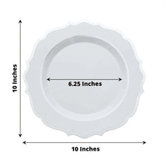 10-Pack Plastic 10" Round Dinner Plates in White with Silver Scalloped Rim - Disposable Party Plates
